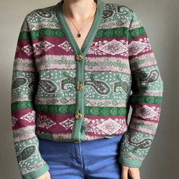 Vintage 80s Womens Pink Green Paisley Striped Oversized Grandma Cardigan Sz L - Picture 11 of 11